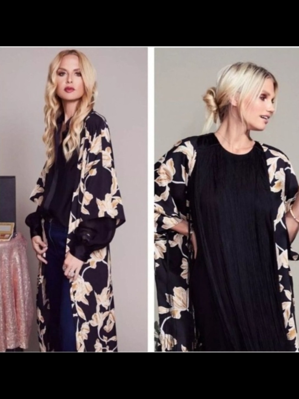 MAISON DU SOIR Black Floral Kimono with Tan & Cream Print